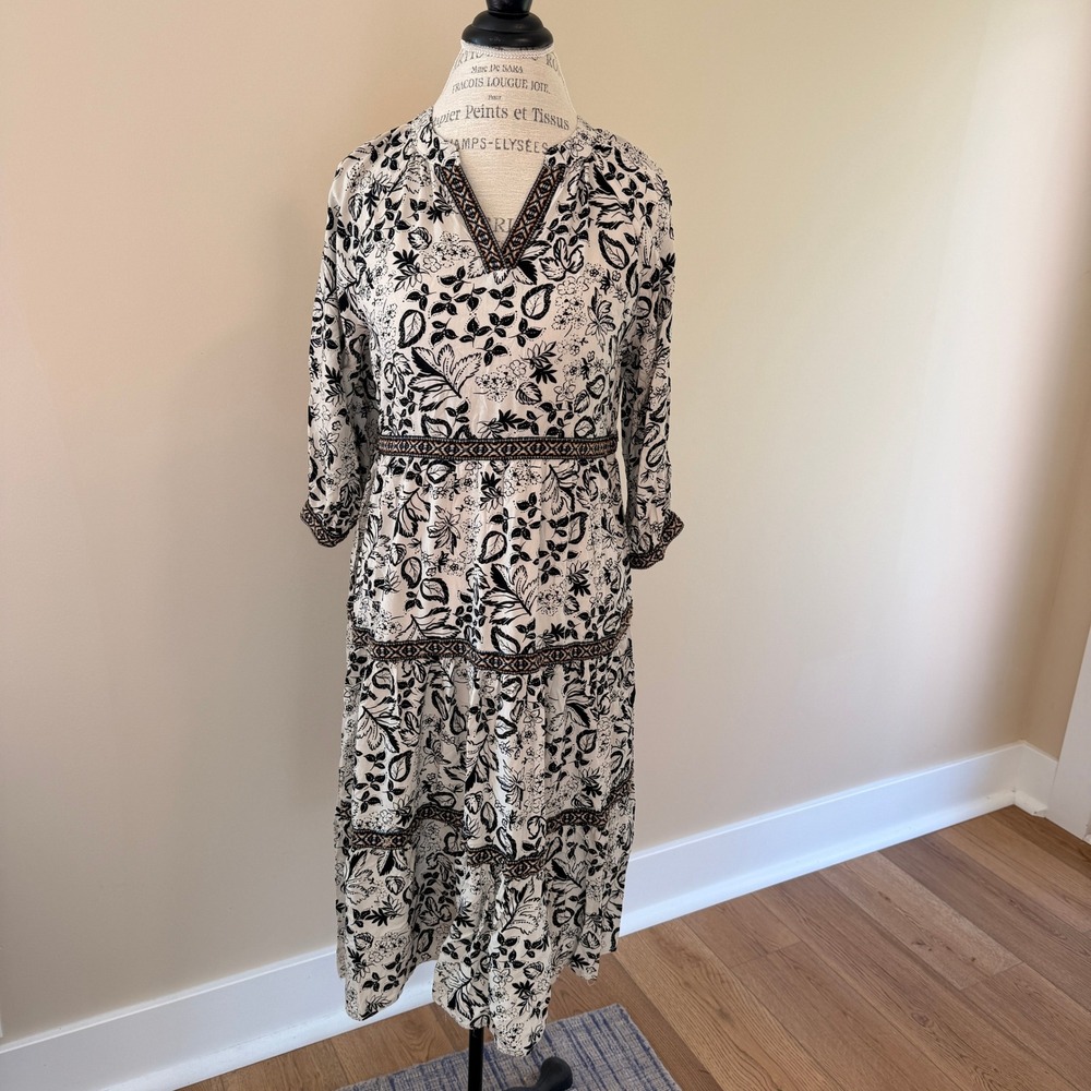 Lapis Women's Black/White Paisley Design With Embroidery‎ Midi Boho Dress Size M